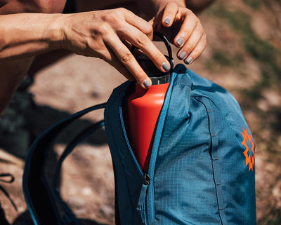 Remote Z backpack for day hikes in blue; in use, promotional product for businesses and events